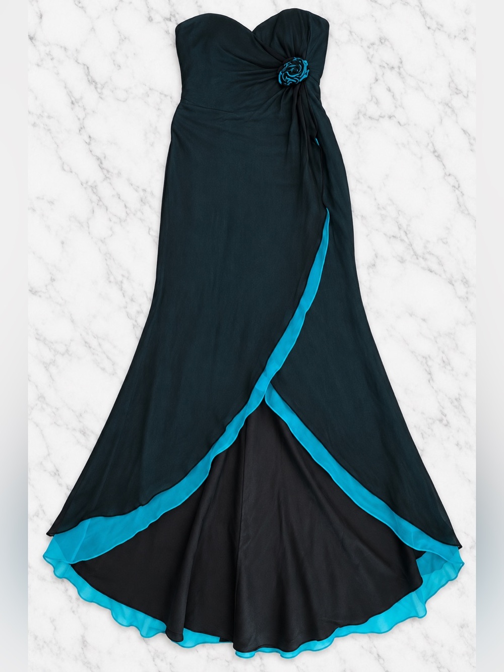 Caché 100% Silk Strapless Teal & Black Formal Gown – Size 6 - Picture 2 of 10